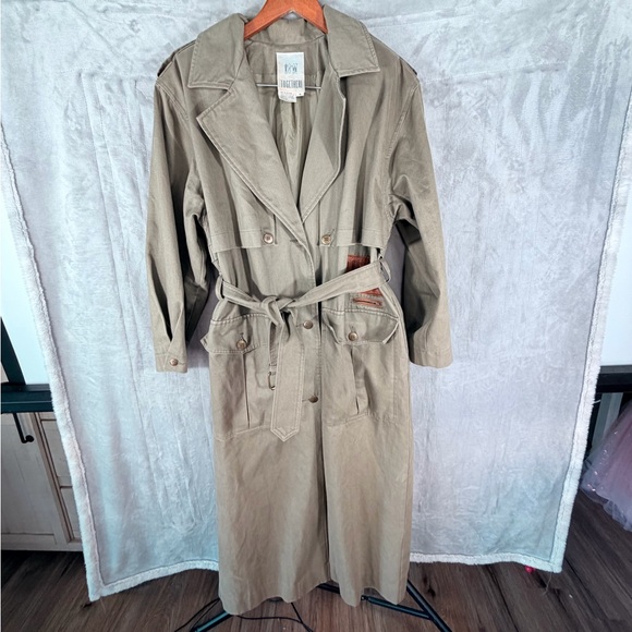 Together womens long trench coat khaki size 8 genuine leather trim vintage - Picture 3 of 9